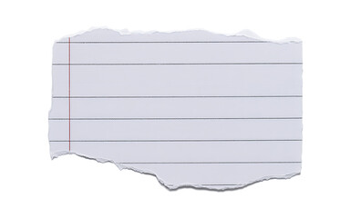 Fototapeta premium Single piece of torn lined paper featuring a red margin line, isolated against a clean white background.