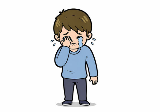 A cartoon boy crying with tears streaming down his face.