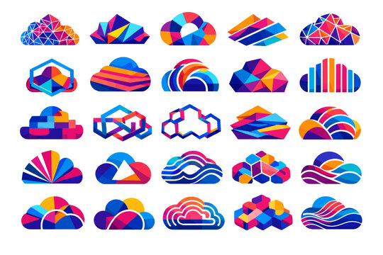 Collection of colorful cloud icon designs displayed in a grid layout showcasing various abstract shapes and vibrant colors