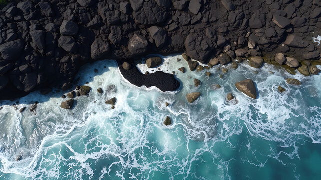 Aerial cinematic drone flyaway from rocky lava coast of Phuket, Thailand. Waves crash against tropical shoreline and flow into clear, transparent waters of the Andaman Sea
