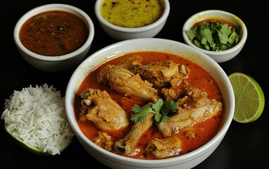 A traditional Indian meal with chicken curry in a rich red-orange gravy garnished with cilantro, surrounded by bowls of basmati rice