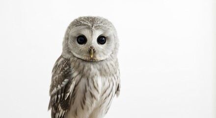 Fototapeta premium Cute curious owl with striking black eyes and soft grey feathers captured brightly against an isolated white studio background. AI Generated