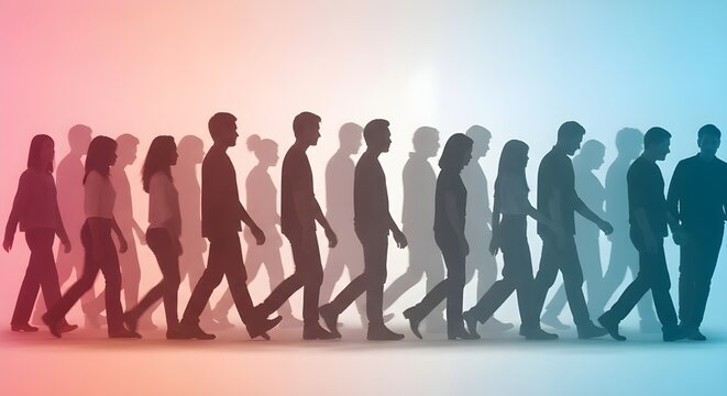 Un caleidoscopio vibrante de siluetas culturalmente diversas unidas, que representan la EQUIDAD DE LA DIVERSIDAD y la INCLUSI&Oacute;N Las siluetas