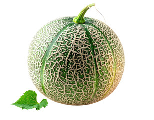 Obraz premium A ripe, textured melon with a green stem and a single leaf