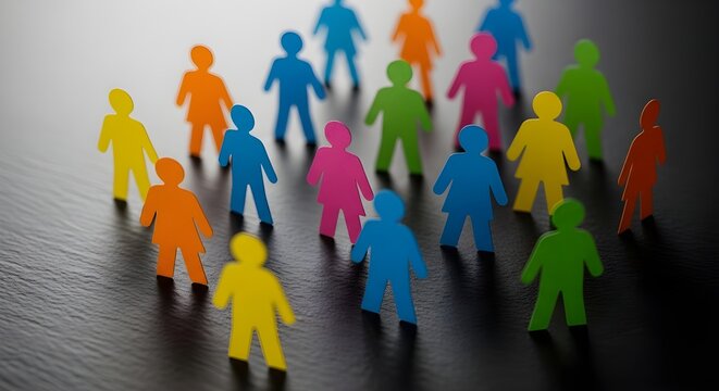 Concepto de igualdad y diversidad.
 Figuras de madera multicolores en una pizarra.
