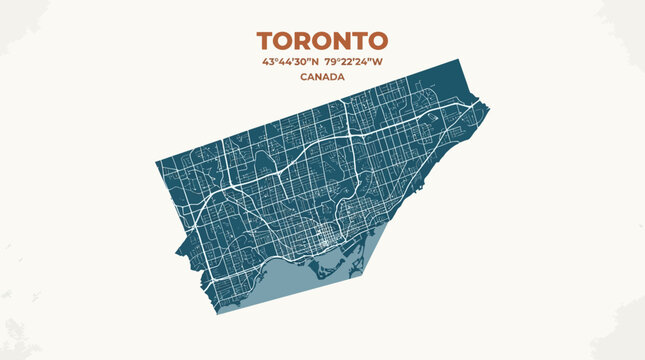 Toronto City Map Vector Art | Minimalist Urban Design | Canada's Largest City Geographical Coordinates
