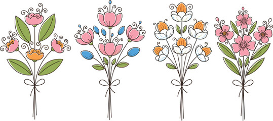 Hand drawn set of four floral bouquets with pink and orange flowers in blue outline style for spring greeting card design © Abdullah
