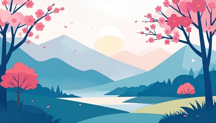 Fototapeta premium A serene landscape, featuring blossoming trees, misty mountains, and a tranquil river