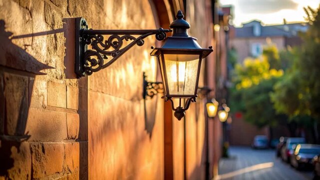 Ornate street lamp on brick wall illuminated by warm golden hour light
