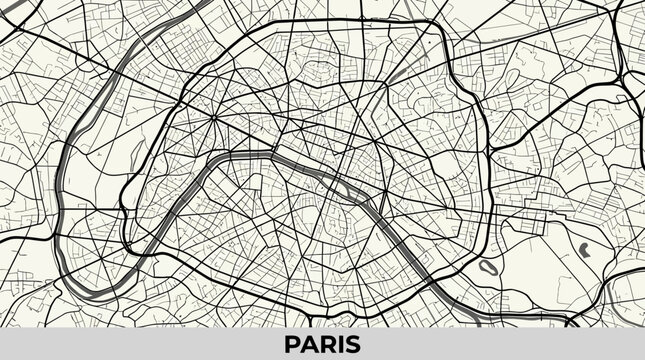 Paris City Map Vector Art: Minimalist Black & White Street Network, France Urban Planning, and Seine River Outline