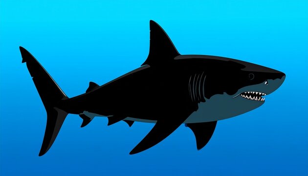 A sleek shark swims through deep blue ocean waters, its dark upper body and lighter underside highlighted, symbolizing marine life, predation, and the mystery of the sea.