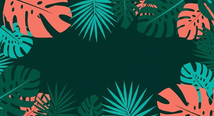 Vibrant tropical leaves frame a dark green backdrop creating a modern summer aesthetic. AI Generated