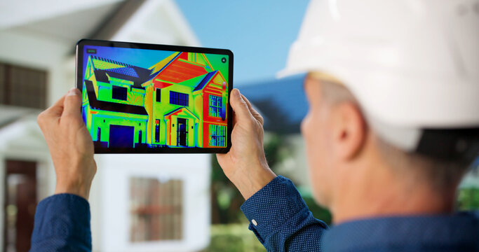 Man Using Infrared Camera Outside House To Detect Thermal Insulation