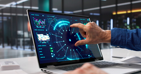 Man Analyzing Real-time Data On Futuristic AI Intelligence Dashboard Software