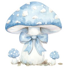 Naklejka premium Coquette portabella mushroom illustration watercolor blue.