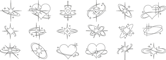 Twinkle stars with orbits, linear hearts with glitter sparkles. Cosmic aesthetic line sparkle star symbols, modern celestial tattoo design, abstract starbursts or magical glint elements vector set © Your Local Llamacorn