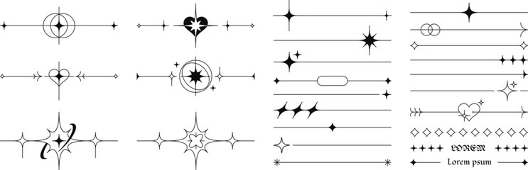 Obraz premium Decorative sparkle star dividers, minimalist line borders with magical sparkles. Simple esoteric aesthetic divider with heart and twinkle star symbols, celestial border decor elements vector set