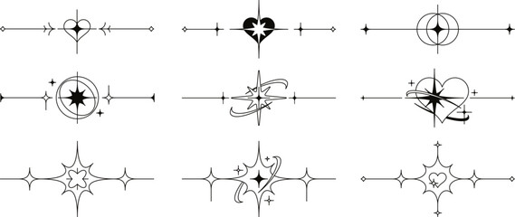 Decorative sparkle star dividers, line borders with magical sparkles. Abstract esoteric aesthetic divider with heart and twinkle star symbols, celestial border decor elements vector set © Your Local Llamacorn