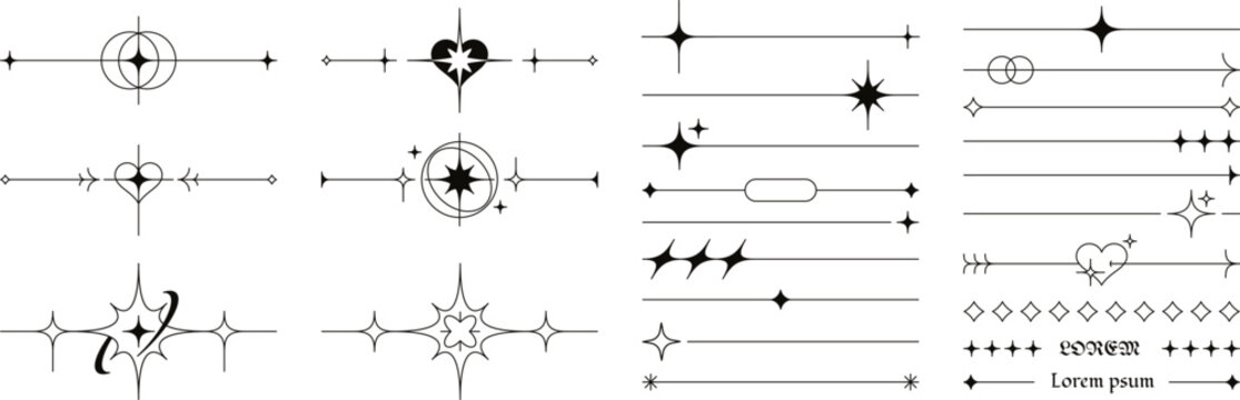 Decorative sparkle star dividers, minimalist line borders with magical sparkles. Simple esoteric aesthetic divider with heart and twinkle star symbols, celestial border decor elements vector set