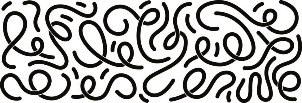 Abstract doodle squiggles, bold wavy lines and swirls. Fun childish line wave and spiral doodles, curvy stripes, simple playful linear scribbles vector set