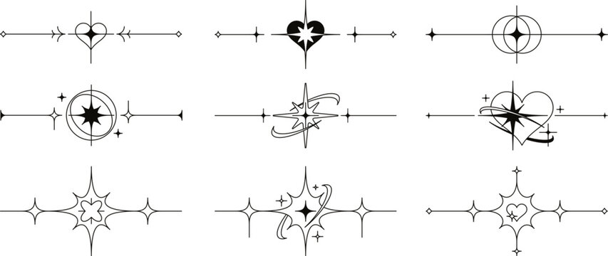 Decorative sparkle star dividers, line borders with magical sparkles. Abstract esoteric aesthetic divider with heart and twinkle star symbols, celestial border decor elements vector set