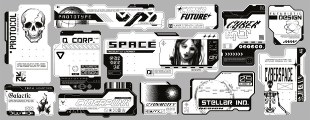 Cyberpunk decals, retro futuristic stickers with pixelated elements. Sci-fi style HUD frames, minimalist high tech labels, modern cyber aesthetic user interface elements vector set © Your Local Llamacorn