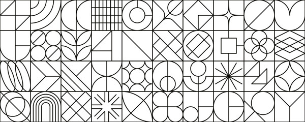 Naklejka na ściany i meble Modern geometric background with linear shapes and abstract graphic elements. Retro style banner with bold line forms, contemporary style monochrome vector seamless pattern