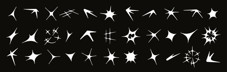 Abstract acid flare, sun glare effect, sunbeam, deformed star shapes. Modern cybersigilism style shapes, comet tail, cosmic glitter sparkles, retro futuristic streetwear glint elements vector set © Your Local Llamacorn