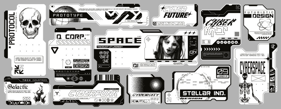 Cyberpunk decals, retro futuristic stickers with pixelated elements. Sci-fi style HUD frames, minimalist high tech labels, modern cyber aesthetic user interface elements vector set