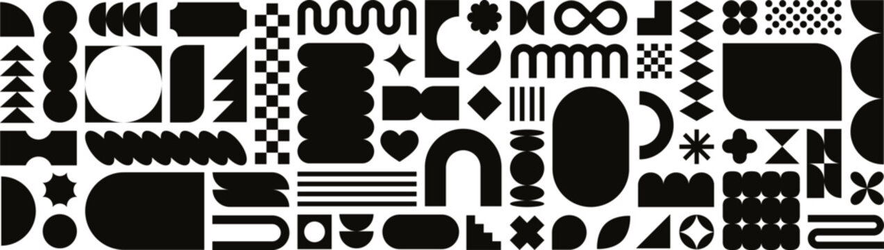Abstract brutal forms, minimalist geometric shapes. Contemporary primitive shape silhouettes, brutalism basic figures, simple ovals and arches, trendy modern swiss aesthetic element vector set