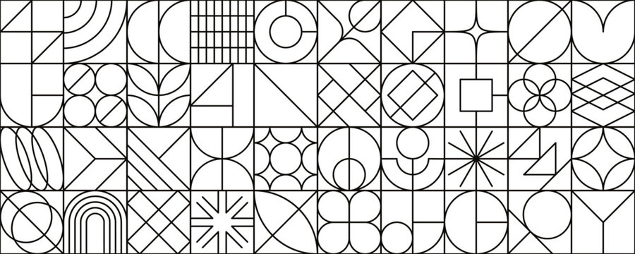 Modern geometric background with linear shapes and abstract graphic elements. Retro style banner with bold line forms, contemporary style monochrome vector seamless pattern