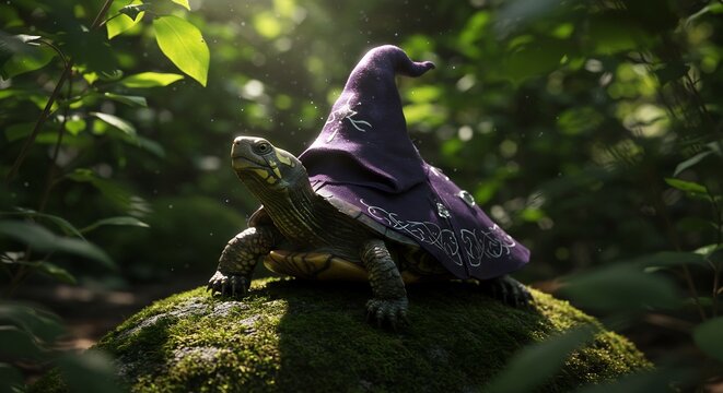 Whimsical turtle confidently wears a magical wizard hat as sunbeams softly illuminate the deep green forest. AI Generated