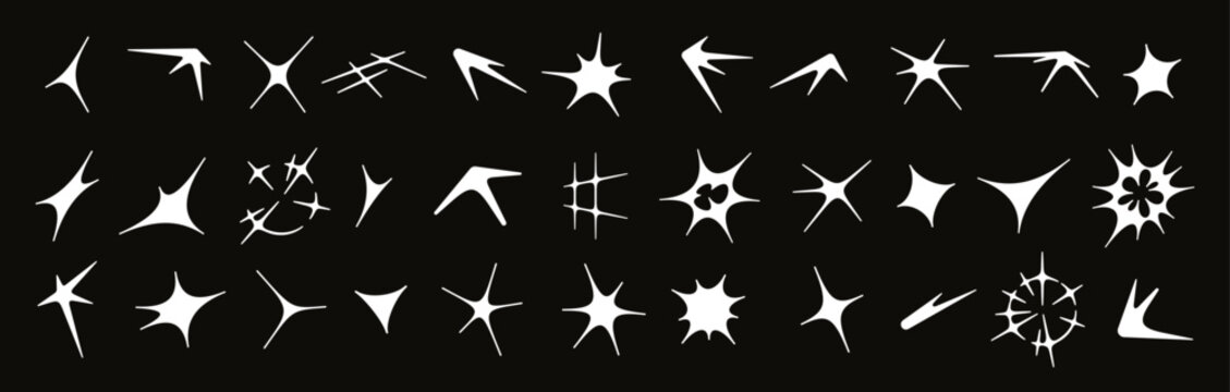 Abstract acid flare, sun glare effect, sunbeam, deformed star shapes. Modern cybersigilism style shapes, comet tail, cosmic glitter sparkles, retro futuristic streetwear glint elements vector set
