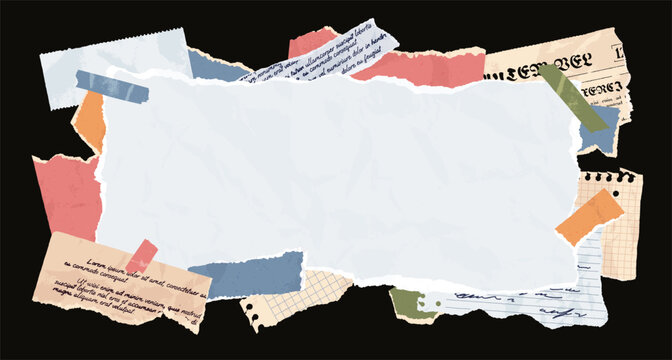 Сollage banner with paper scraps, old newspaper clipping and ripped notebook pages. Crumpled paper scrap with tape, vintage letter shreds, torn memo note sheets, scrapbook vector background template