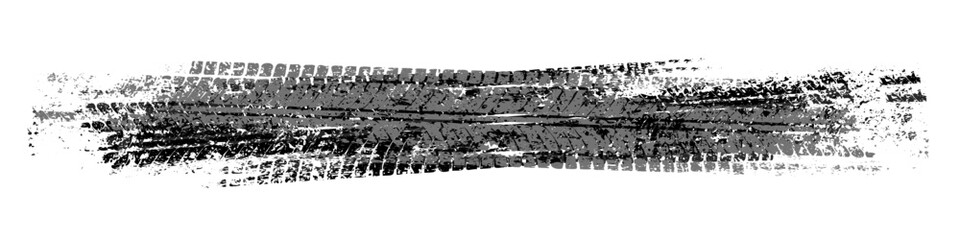 Fototapeta premium Grunge tire tracks with mud splatters, dirty wheel braking marks. Truck, car, or motorcycle tread pattern silhouettes. Perfect for off-road, motorsport, and racing designs. Vector illustration