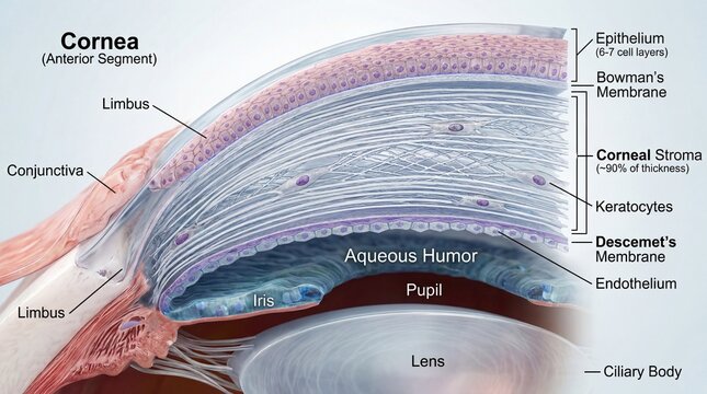 Cornea Layers: Detailed cross-section of human cornea and anterior eye segment, illustrating anatomical layers and structures.
