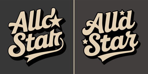 Vintage script typography showcasing two variations of the bold retro all star logo design against a dark background. © Vectyx