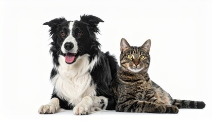 Fototapeta premium Border Collie dog and tabby cat sitting together.