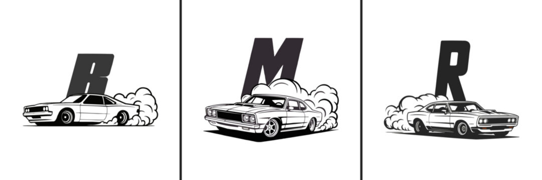 Three stylized illustrations depict vintage muscle cars performing powerful tire smoking burnouts beneath large initial letters of the alphabet.