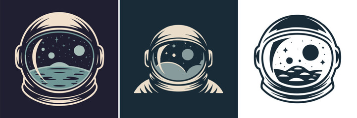Collection of three stylized astronaut helmet vector illustrations reflecting outer space exploration and cosmic adventure themes © Vectyx