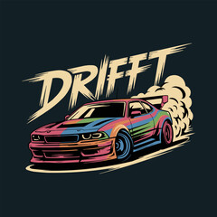 Stylized illustration features a classic sports coupe executing a dynamic power slide accompanied by billowing tire smoke and bold lettering.