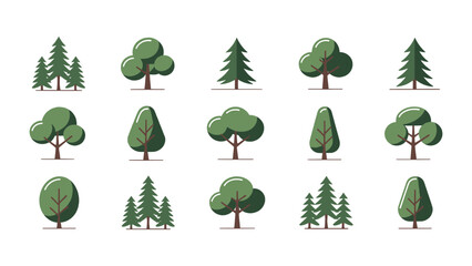 A collection of fifteen stylized flat design icons representing various types of deciduous and coniferous trees isolated on white. © Vectyx