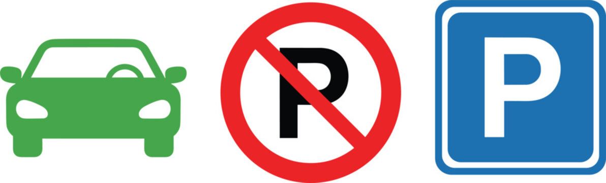 Parking related vector icons set including car symbol no parking sign and parking location marker illustration