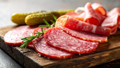 Fototapeta premium Cured Meat Charcuterie Board with Rosemary and Pickles on Rustic Wood Serving Platter for Entertaining Guests.