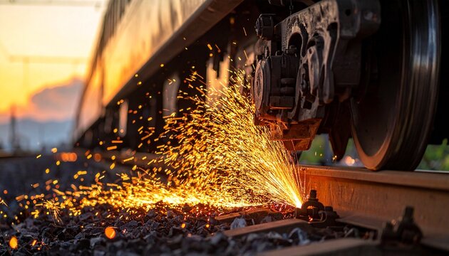 Train Tracks Being Welded at Sunset with Fiery Sparks Transportation Maintenance and Infrastructure.