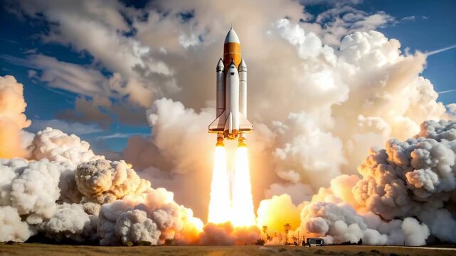 Spectacular rocket launch with massive flames and billowing clouds