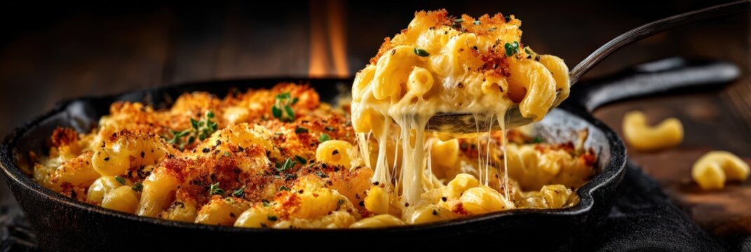 Lifting creamy mac and cheese from a skillet