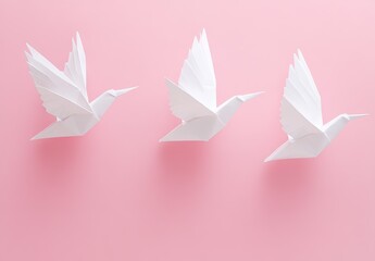 Fototapeta premium Three white origami cranes arranged horizontally against a solid pink background