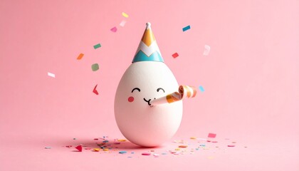 Cheerful Egg Celebration Concept with Party Hat and Confetti for Festive Occasions.