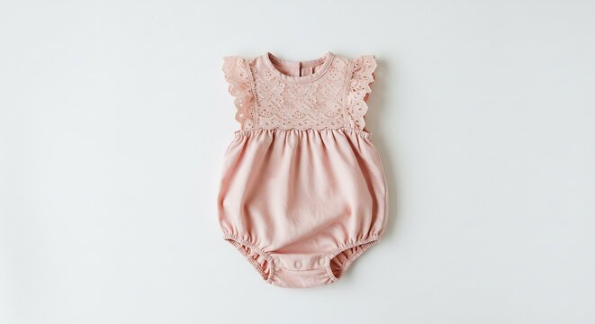 Brightly lit blush pink baby romper featuring delicate lace and ruffled sleeves on a crisp white surface. AI Generated